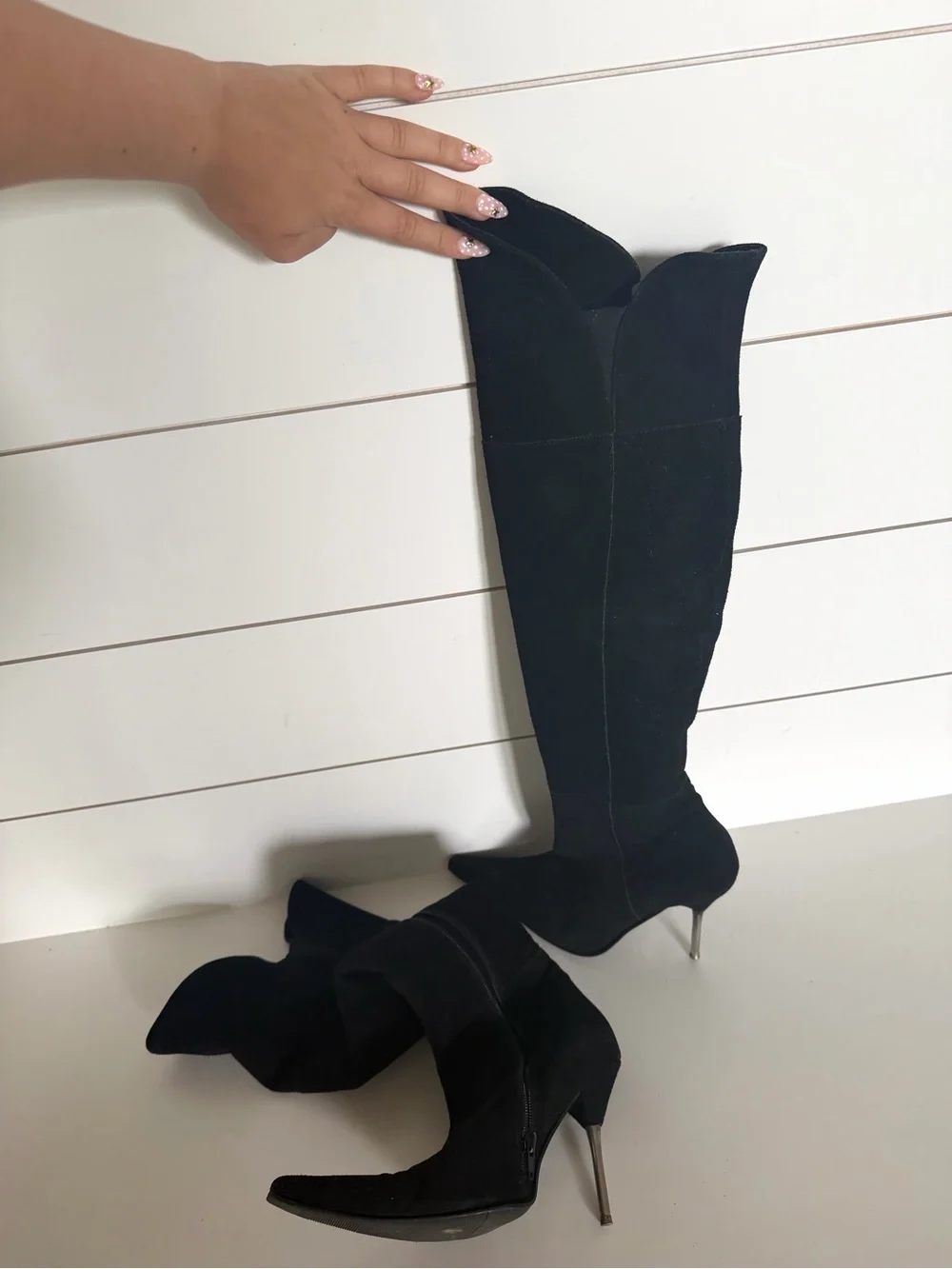 Vintage Y2K Black Knee-High Suede Stiletto Boots - Women's Fashion Boot US 7